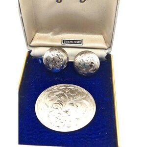 Vintage Gorel Signed Sterling Silver Engraved Brooch and Earrings Set in VTG box